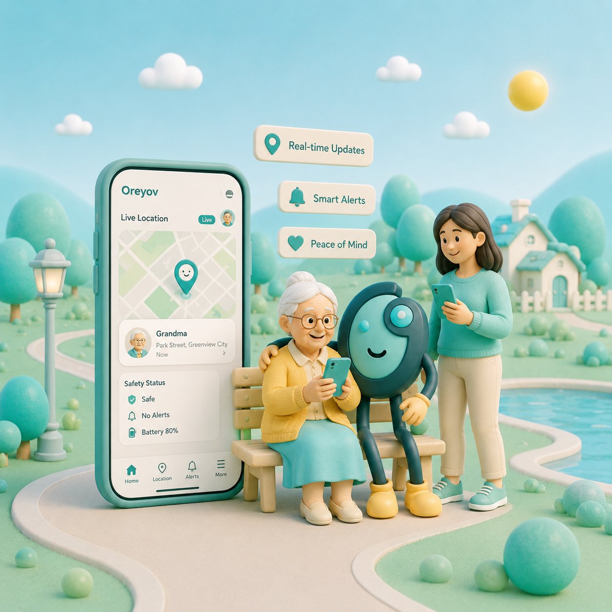 Oreyov guardian companion walking with grandma in the park, while family monitors live location on phone